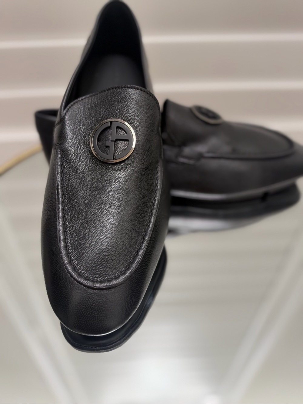 Giorgio Armani Black Leather Logo Penny Loafers EU 43 / US 10